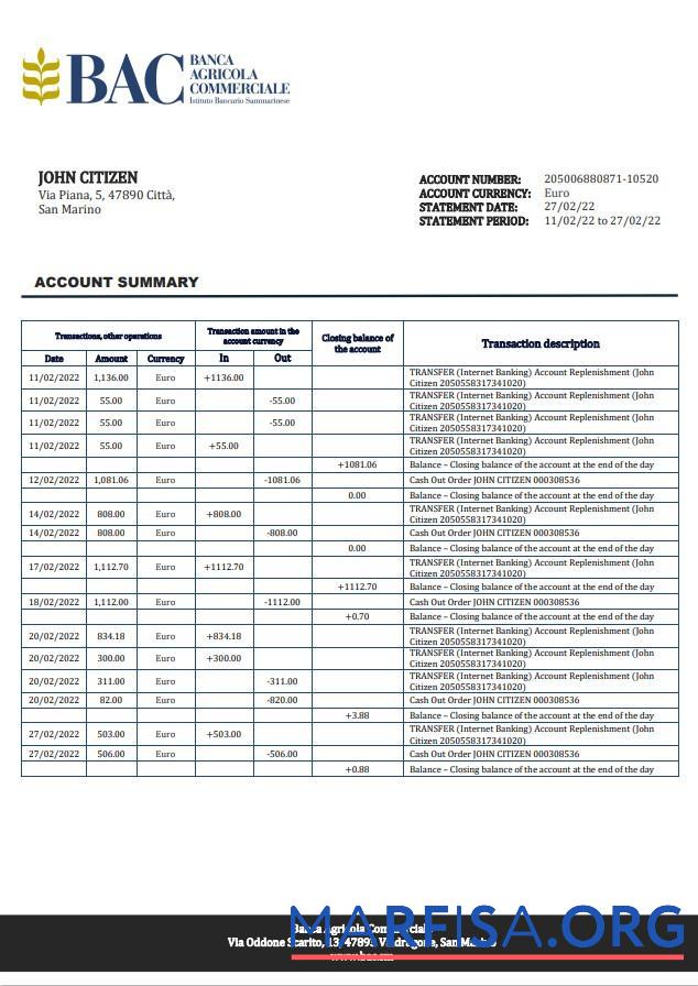 Printable San Marino Banca Agricole Commerciale bank statement word download for verification